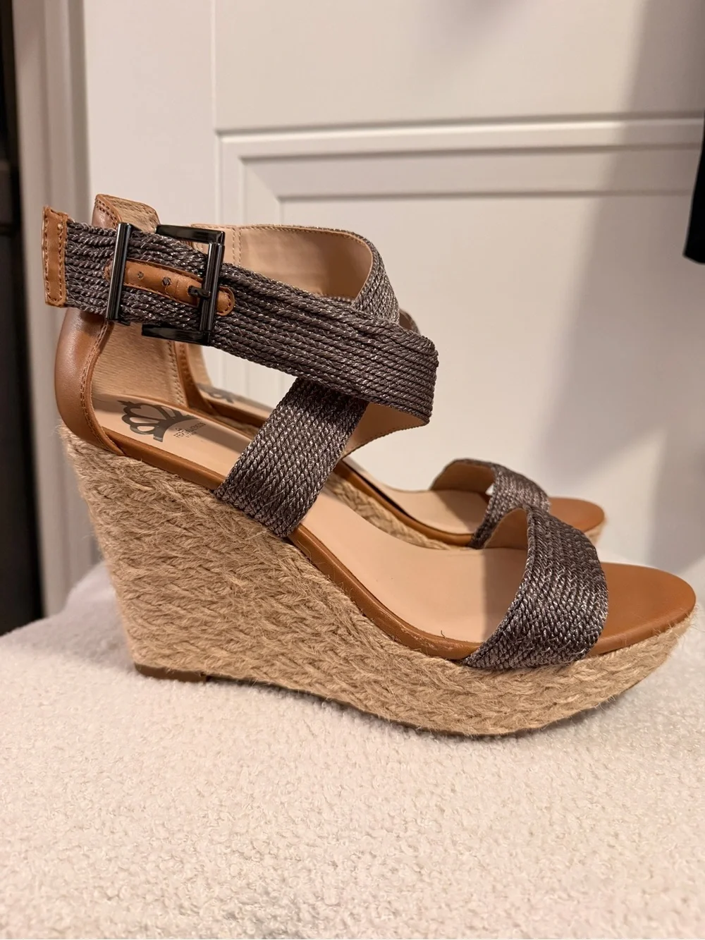 Fergalicious Wedge Espadrille Sandals with Metallic Gray Straps